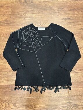 Susan Bristol Black Crewneck 2003 Sweater Spider Web Embellishment Halloween S